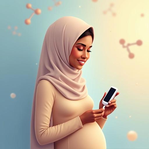 Digital illustration of a young pregnant woman with Middle Eastern features. She smiles gently while checking her blood glucose with a meter. Wearing modest pastel clothes and hijab. Background has a soft gradient with abstract medical elements. Illustration conveys health awareness and reassurance.