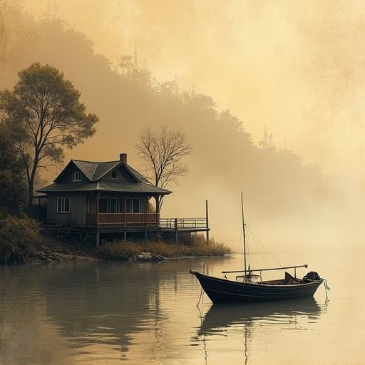 A serene house sits by the water in a foggy landscape. A fishing boat floats nearby. The colors include burnt sienna, gold, grey, and black. The artwork has a hyper-realistic style with ethereal qualities.