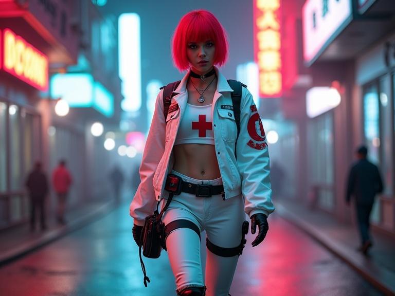 Full body photo of a female cyberpunk medic with red short hair. Wearing a white costume with red accents and a red cross. Military boots. Walking towards the camera in an urban setting with neon lights.
