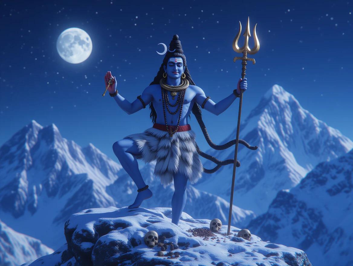 Low-angle cinematic shot of Lord Shiva standing on one leg on a snowy stone peak. Performing a powerful Nataraja pose. Trident and glowing damaru beside him. Snake wrapped around his neck. Tiger skin around his waist. Adorned with jewelry. Peaceful smile on his face. Skulls and ashes scattered. Majestic mountains in the moonlit background. Cold night air. Photorealistic textures with epic depth and cinematic color grading.