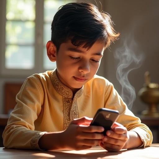 High-quality image of a young Indian boy sitting at a wooden table. He is dressed in a traditional kurta. The room is bright with sunlight coming through the window. The boy is using a smartphone. He is sipping chai with a focused expression. The scene shows the boy multitasking with details like steam from the cup and patterns on his kurta. There are cultural elements in the background.