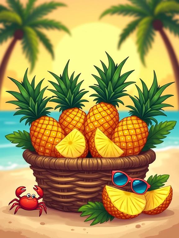 Bright tropical cartoon illustration features a woven basket filled with golden pineapples Some are whole some are sliced revealing juicy yellow inside Tropical leaves spill out of the basket on a sandy beach Palm trees sway in the background Warm saturated colors are used Sunglasses rest on a pineapple Crab peeks from the basket