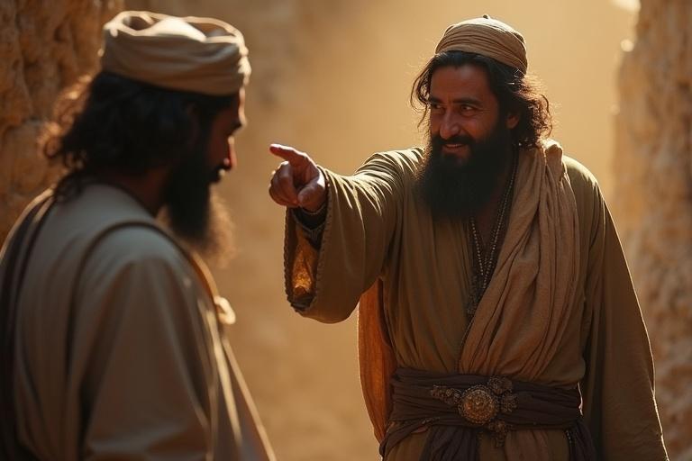 A Jewish man accuses another man while Hazrat Ali responds calmly with a smile.
