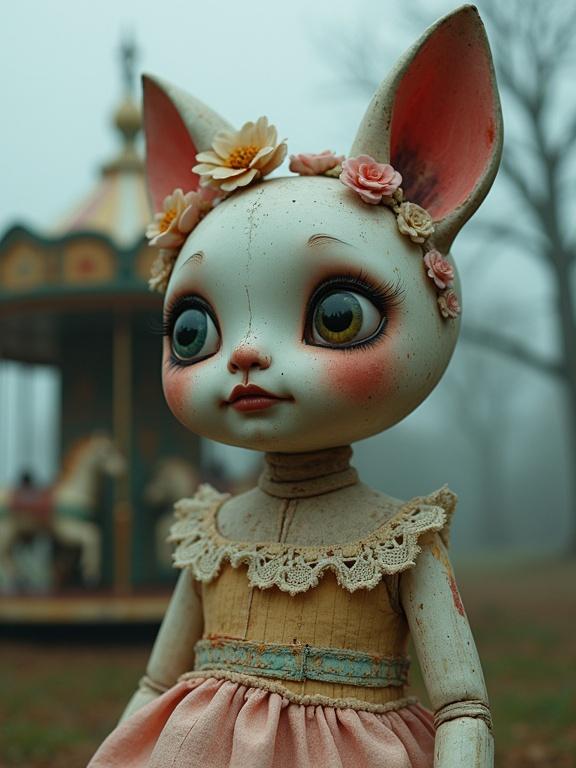 Creepy doll presents a chimeric toy-animal fusion. Textured stitching on clothing. Cracked porcelain details accent features. Mismatched button eyes create an eerie allure. Surreal pastel fog engulfs the scene. Rusted carousel in the background adds depth. Carnival energy evokes nostalgia and unease. Glowing neon seams embellish the doll, enhancing the whimsical yet uncanny aesthetic. Forgotten toy vibe pervades the image.
