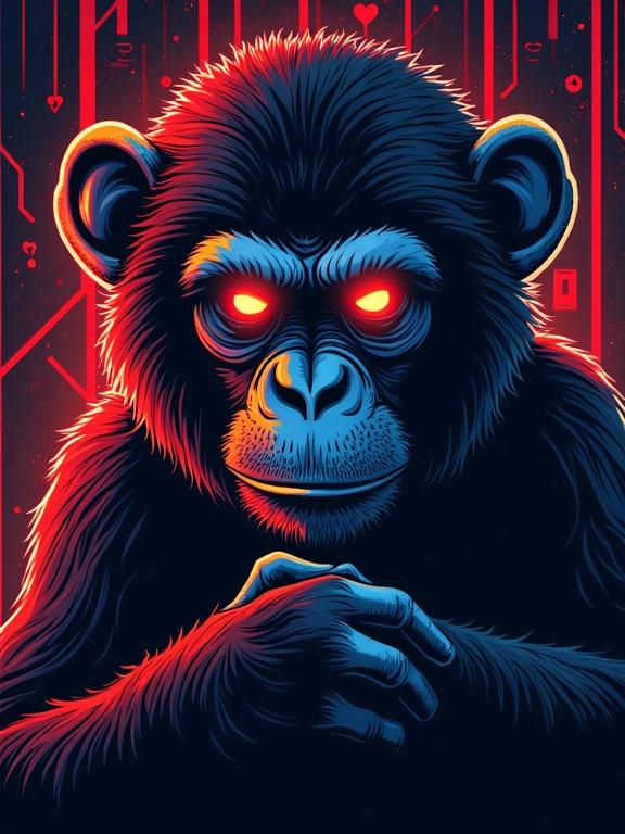 Creative vector design featuring a monkey with glowing eyes as a hacker. The monkey has an intense expression and is positioned in a bold and colorful graphic style for a T-shirt design.