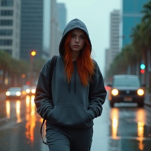 Cinematic shot of a girl with red hair wearing gray hoodie and sweatpants. She walks in downtown city during rain. Cars passing by. She looks contemplative and listens to music.