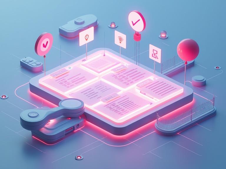 Futuristic digital workspace with glowing structural template. Central template resembles flow or mind map. Intricate icons and symbols radiate representing components of a prompt. Checkmark for clarity. Magnifying glass for specificity. Lightbulb for context. Scroll with checklist for instructions. Floating flashcard-like example cards. Fence symbolizing restrictions. Sound waves illustrating tone. Abstract depictions of tone formats like formal hat and playful balloon. Soft tech-inspired background with neural network lines and data streams. Modern minimalistic style with vibrant colors and high detail.