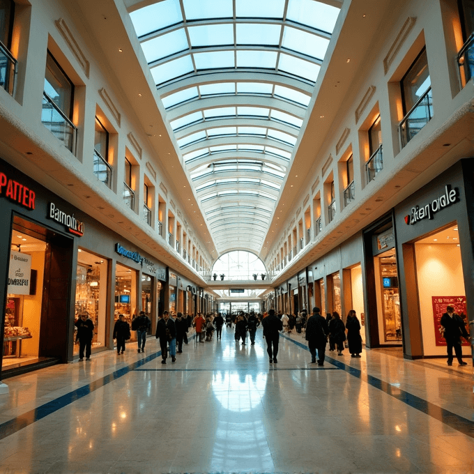 A brightly lit shopping mall with people walking along its wide corridor under a clear, domed glass roof.