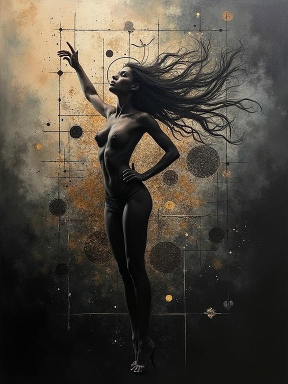 Abstract representation of euphoria with a symbolic expression blending geometric shapes. The figure poses elegantly amidst foggy textures. High contrast with dark background.