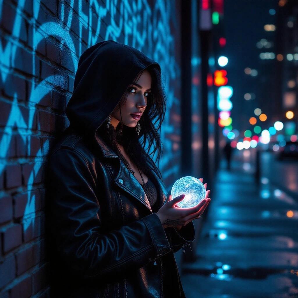 Portrait of female sorceress at night. Graffiti-covered brick wall in background. Soft blue neon glow on wet pavement. Thoughtful expression. Looking to the side. Holding glowing crystal orb. Other hand in pocket. Long hooded leather coat. Arcane tattoos visible. Messy shoulder-length hair. Silver earrings. Distant city lights. Subtle rain mist. Shallow depth of field.