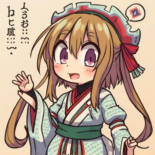 Anime character with long hair in traditional outfit. Cheerful expression. Inspired by Japanese culture. Hands raised in a greeting or invitation.