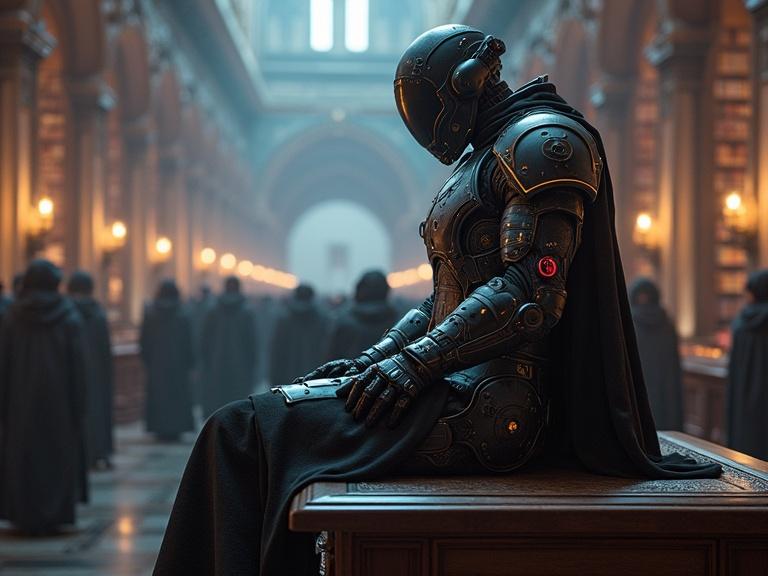 Futuristic warrior with neon highlighted armor resting on a desk in an ancient library, surrounded by cloaked figures. Soft glowing light creates a mystical ambiance. Photorealistic style focusing on detailed armor and surroundings.