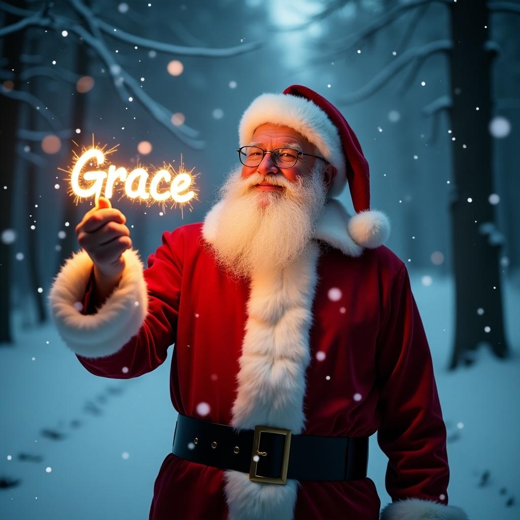 A magical Christmas scene features Santa Claus in a classic red suit with a fluffy white trim. He stands in a snowy forest illuminated by a soft glow. In his hand, he holds a glow stick spelling out 'Grace' in sparkling letters. Light snowflakes fall gently around, enhancing the enchanting atmosphere. This image captures the essence of the holiday season, promoting joy, love, and belief. It beautifully embodies the spirit of Christmas.