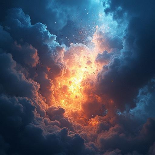 A cosmic explosion of blue and gold flames illuminates dark clouds in the sky. A sense of awe and wonder as colors blend. An atmospheric and dynamic display of nature's power. Flashes of light create an otherworldly effect.