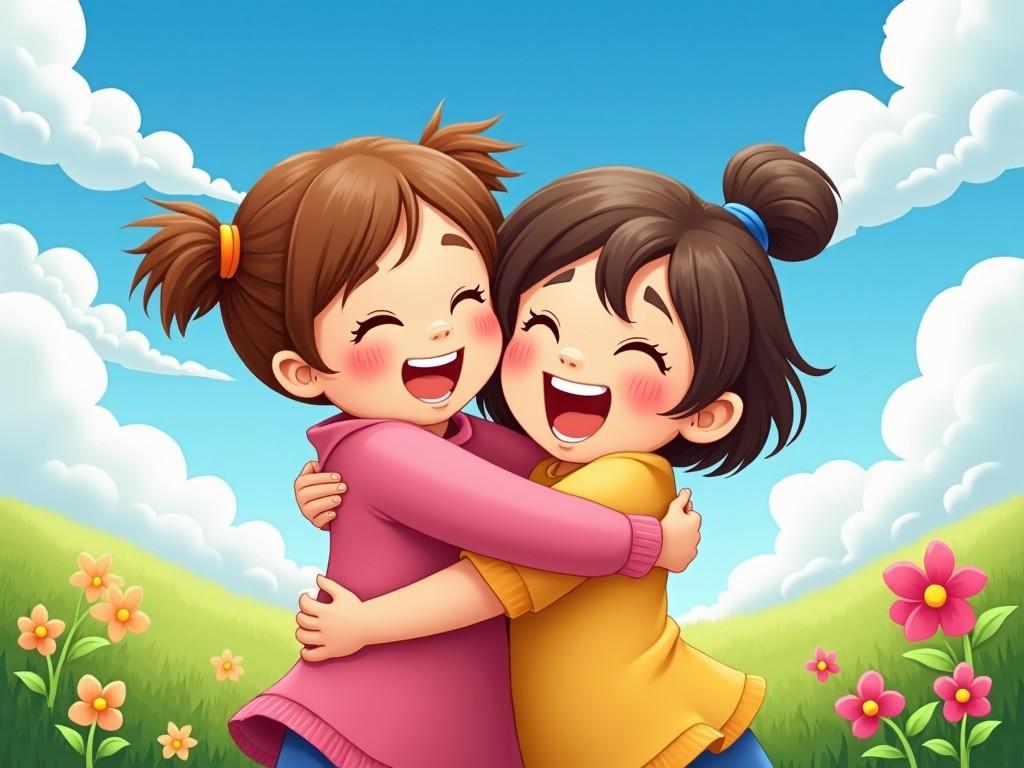 In a vibrant outdoor setting, two children are joyfully embracing each other. They are smiling widely, showcasing their happiness. The scene is bright and sunny, with colorful flowers in the foreground. The sky is blue, adorned with fluffy white clouds. The children wear cheerful, colorful clothes that reflect their playful nature.