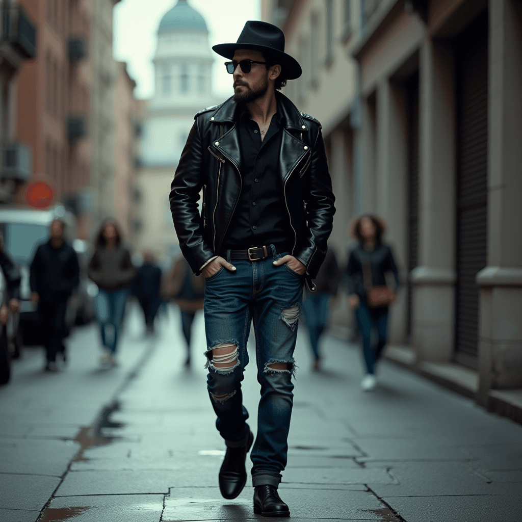 A stylish man in a black leather jacket and hat walks confidently down a busy city street.