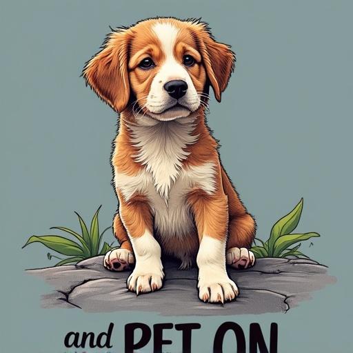 Cute dog standing with friendly expression. Playful message 'Keep Calm and Pet On' in the background. Green plants create a lively atmosphere. Ideal for pet lovers. Great for casual wear. Perfect gift for animal enthusiasts.