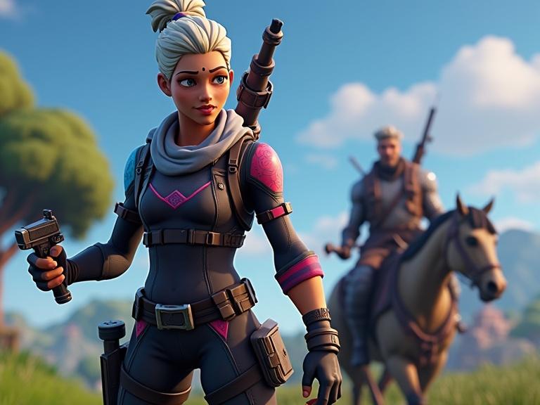 Image inspired by Fortnite featuring a female character in action with a male character on horseback in the background. The setting is vibrant and captures the essence of a gaming environment.