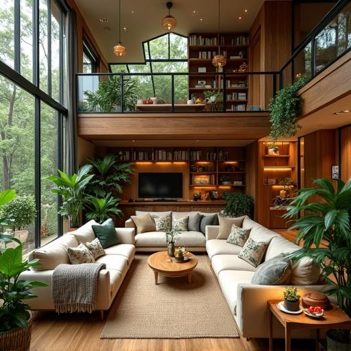 A serene and modern three-level forest-inspired loft apartment interior. Surrounded by tall green trees visible through giant floor-to-ceiling windows. Soft natural daylight streams in. Abundant indoor plants in ceramic pots and hanging planters. Warm wooden floors and walls. Earthy color palette with green and beige accents. Spacious first floor living room with large beige sectional sofa, rustic wooden coffee table, dining area, and big TV. Second floor open mezzanine library with wooden bookshelves and a vintage desk. Third floor tranquil bedroom with a large bed, bedside tables, and a skylight window.