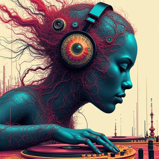 A DJ character with futuristic hair and headphones. Biomechanical elements and vibrant colors are evident. Turntable is in focus. Dynamic and imaginative design is emphasized. Fine details create an experimental feel.