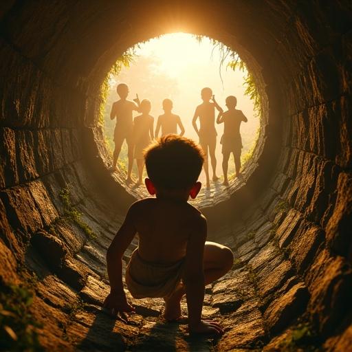 POV shot from inside a deep stone well in 1600s Kerala. An 8-year-old boy climbs damp walls holding brick. Sunlight pours in from above revealing other children's silhouettes. They wear white dhotis. The scene conveys struggle and isolation with rich visual details.
