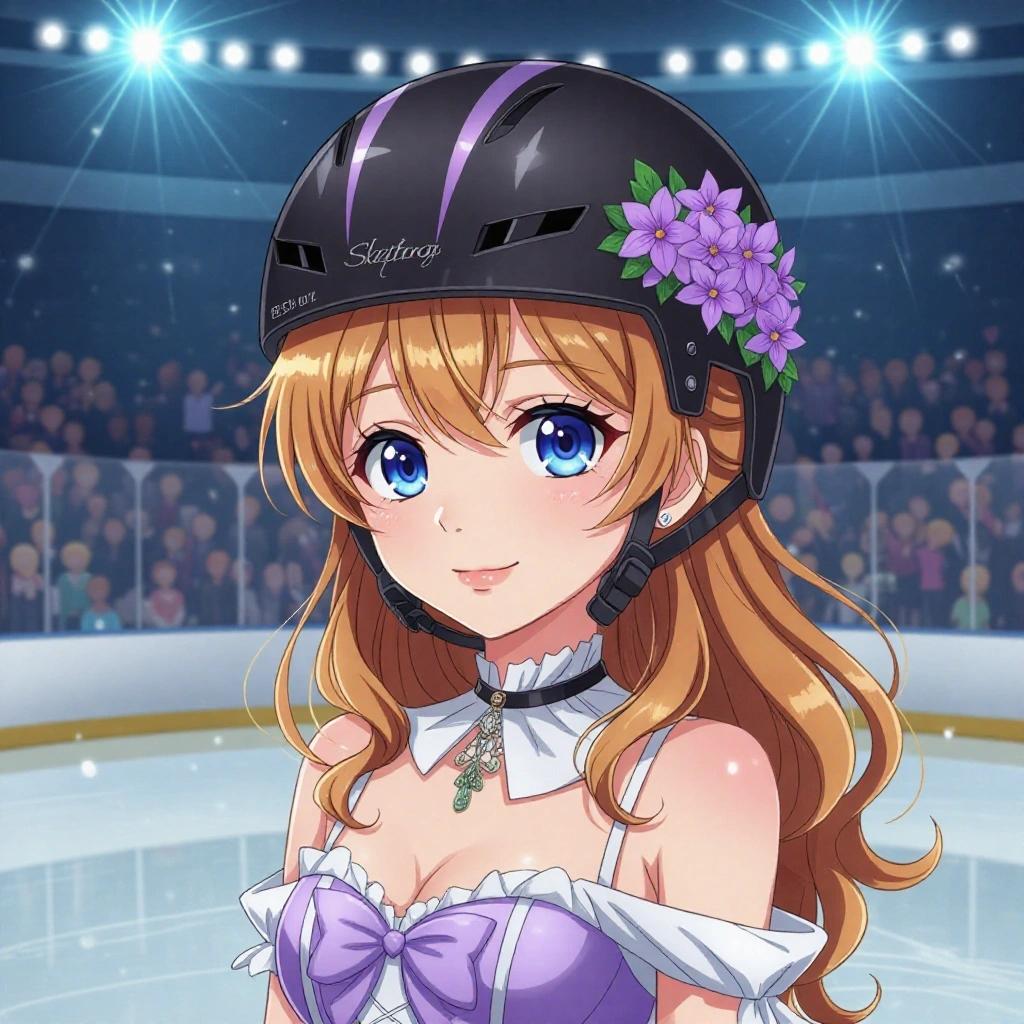 Anime art depicting a girl with light brown hair and blue eyes. She wears a black helmet adorned with purple flowers. Dressed in a fancy lilac dress with a white collar. Scene set at an ice rink.