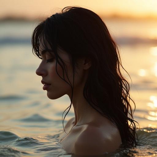 Profile view of a stunningly beautiful woman emerging from the water with wet dark hair. Eyes closed and serene expression. Shoulders and face visible. Golden hour light creates soft natural lighting with gentle ripples in the water surface. Background is out of focus. Image has cinematic and dramatic lighting qualities. Photorealistic with intricate details and ultra-resolution.