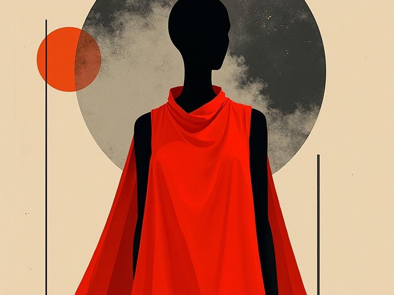 Faceless black minimalist mannequin wearing a red dress in a futuristic abstract setting. Surreal composition featuring abstract shapes and a monochrome background. Emphasis on clean lines and negative space.