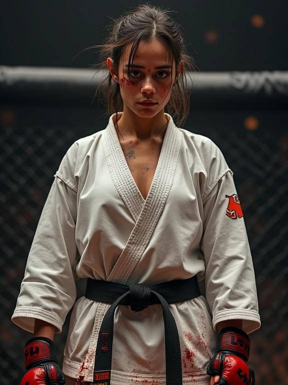 Full body image of an athletic woman in a worn-out karate gi showing blood smudges on body. Asymmetrical hairstyle and heavy bruises on her face. Exhausted yet focused expression. Bloody fists in a fighting arena. Taken by a smartphone camera.