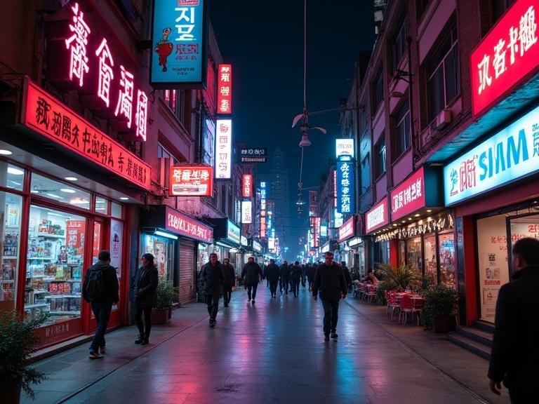 Modern street filled with shops showcasing neon advertisements. Nighttime setting with pedestrians strolling along.