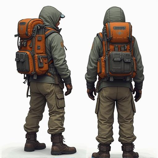 Sci-fi survival character equipped with a large backpack and tactical vest shown in front, side, and back views, standing in a t-pose.