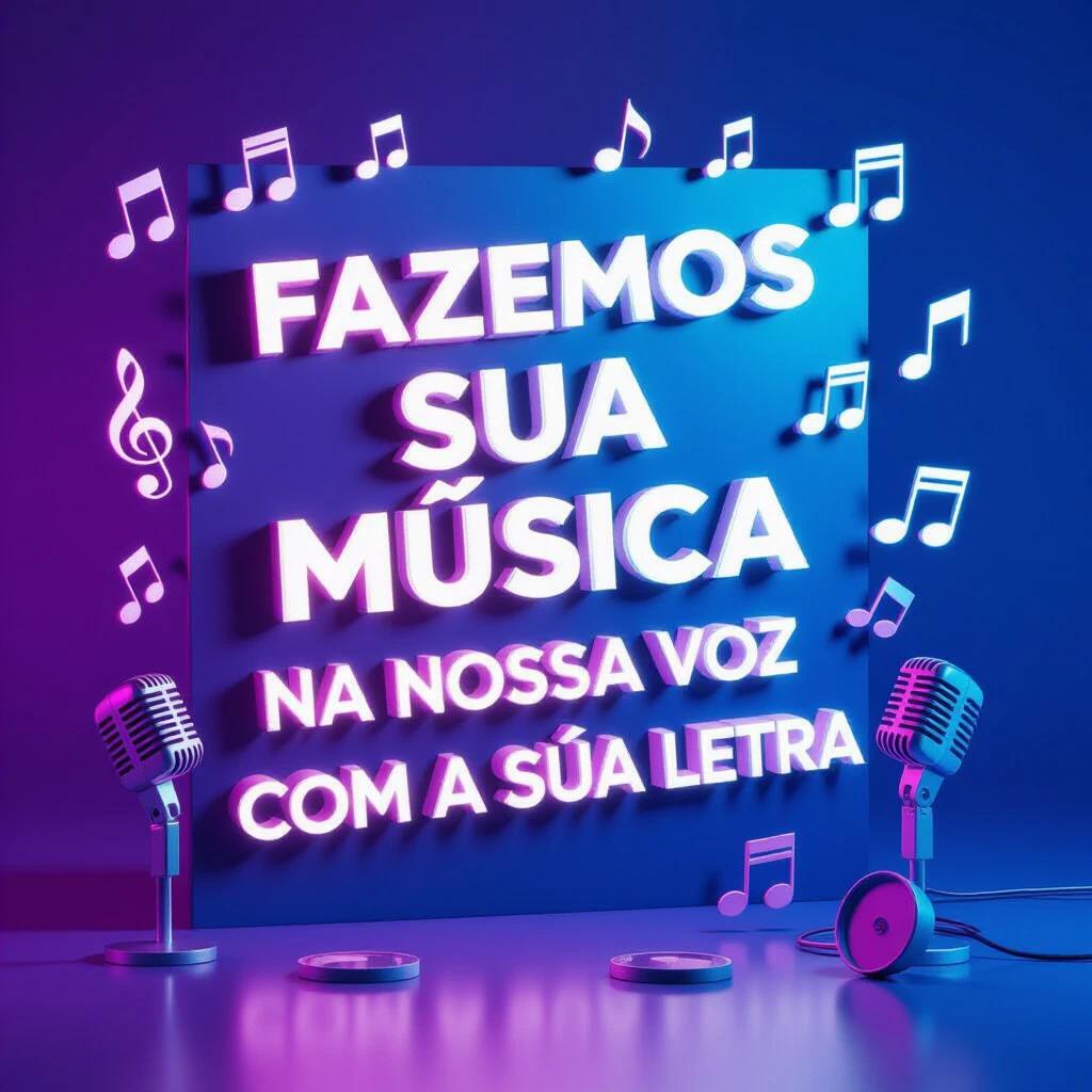 3D advertisement with vibrant studio background. Central text reads 'FAZEMOS SUA MÚSICA' in chrome 3D letters. Below, 'NA NOSSA VOZ COM A SUA LETRA' in glowing neon font. Scattered musical notes, microphones, sound waves in glass finish. Bottom corner features a 3D seal with 'POR R$60'. Stage lighting in high definition.