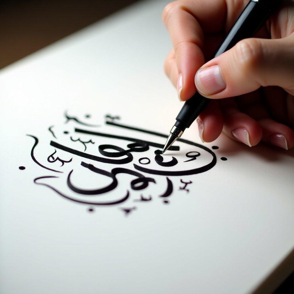 Close-up of a hand writing Arabic calligraphy. Bold black ink used on white surface. Smooth strokes and detailed flourishes are visible. Soft lighting enhances the artwork.