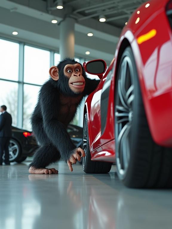 Extreme low-angle shot from a floor in an Audi dealership. Chimpanzee with crazy crossed eyes and goofy expression. Muscular torso with skinny legs. Attempts to test drive red Audi R8 making VROOOM noises. Showroom lighting, clean environment, hilarious focus on the chaotic chimp. Salesman in background diving for cover. 3D cartoon style.