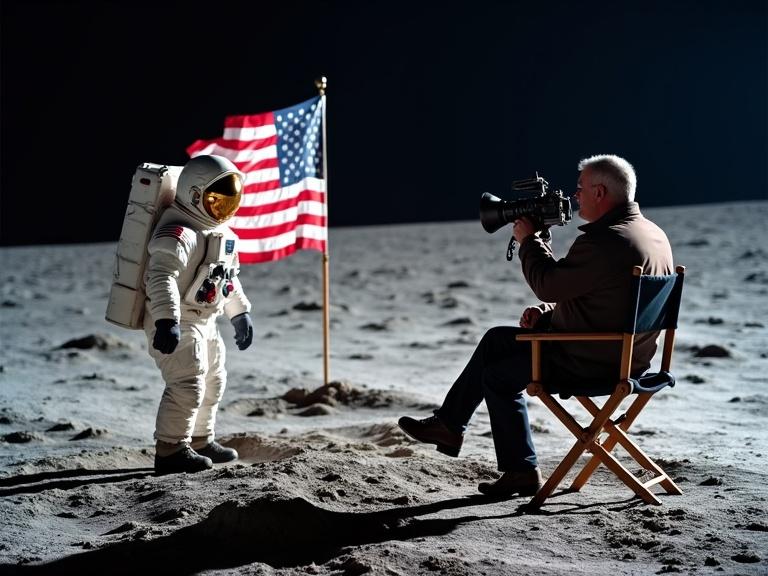 Astronaut beside the American flag on the moon. Director sits in chair with megaphone. Cinematic lighting. High-quality image. Sharp focus.