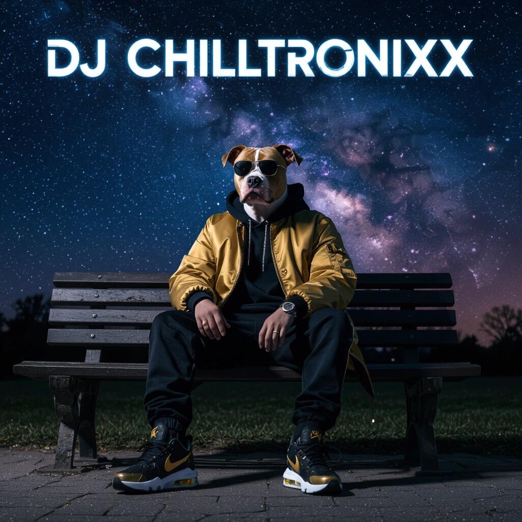 Raw photo at night. A pitbull faced person in stylish clothes sits casually on a park bench under a dark nebula sky. Black and gold Nike Air Max 2025 runners and sunglasses. Artistic album cover with futuristic text DJ Chilltronixx.