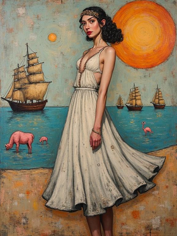 A woman stands in a vintage dress against a sea backdrop. Ships sail in the background while animals roam the shoreline. The scene is colorful and whimsical, embodying a post-impressionist style.