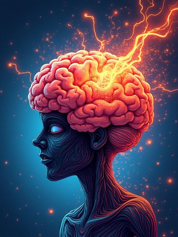 Cartoon brain with electric sparks and wild swirls. Psychedelic colors create dynamic energy and depict chaotic thoughts.