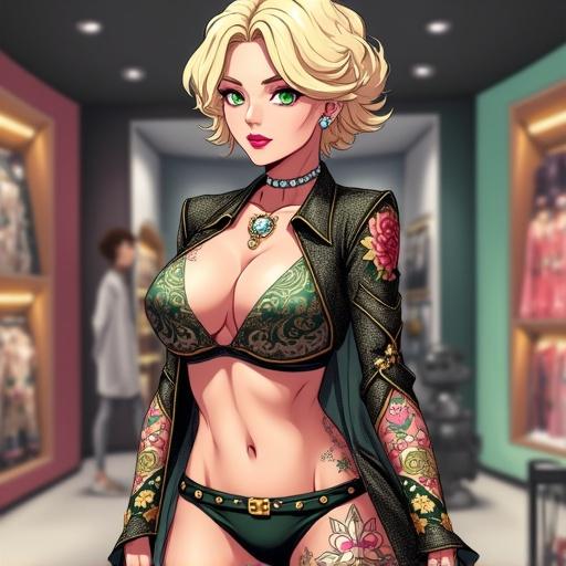 Anime character in a modern Burberry store. Woman aged 67 with emerald green eyes. Elegant short light blonde curly hair. Wearing light pink diamond jewelry. Futuristic and tech-inspired. Half Japanese half Saiyan. Tall with an athletic build. Features big breasts and muscular arms. Displaying 6 pack abs. Light pink lipstick and manicured nails. Adorned with white eyeshadow and piercings. Donning a sexy lace printed outfit with shiny shorts. Surrounded by colorful traditional tattoos. Captured during summer in a busy shopping area.