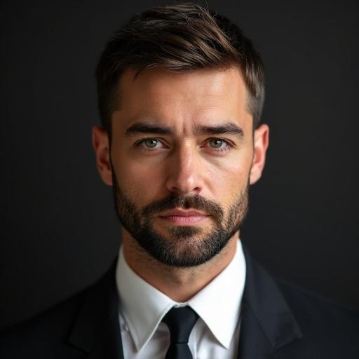 Close-up shot of a man wearing a suit and tie. Background is dark and neutral. Focus on the facial features and expression.