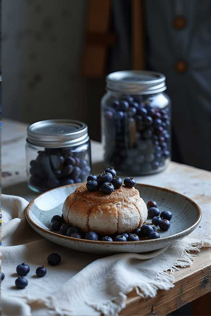 A small cake topped with blueberries on a plate, surrounded by jars filled with more blueberries.