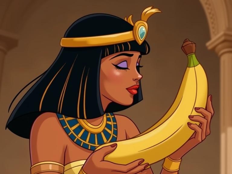 Cleopatra is animated with a banana. She shows affection towards the banana. Bright colors are featured. Character design includes Egyptian motifs.