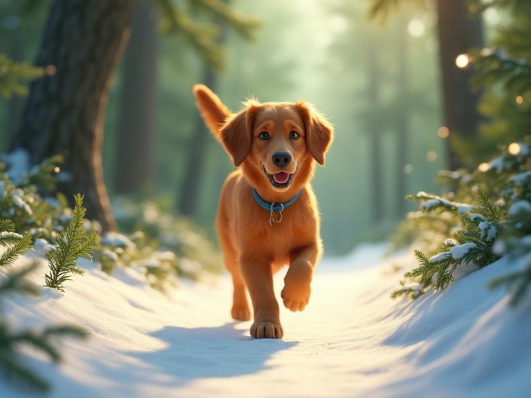 A Disney Pixar inspired 3D rendering of a golden retriever with chocolate eyes. The dog walks on a snowy forest path surrounded by green trees. The scene has vibrant colors and a whimsical feel.