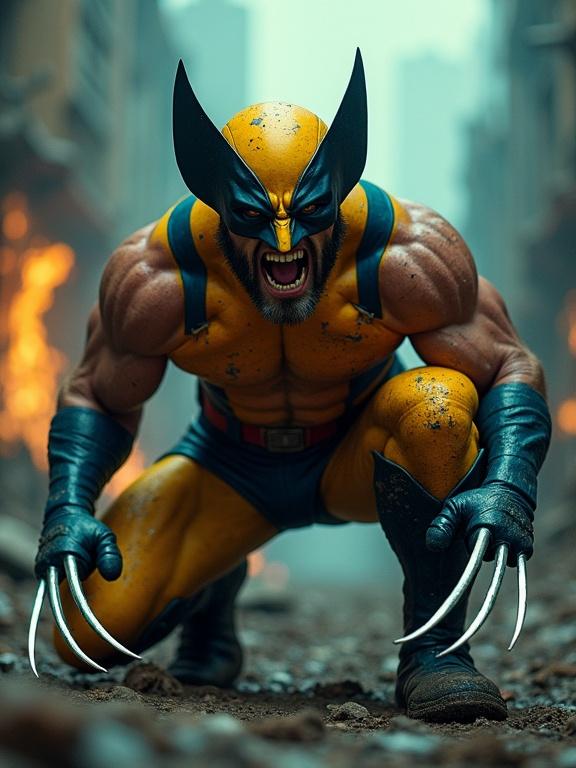 Wolverine in classic costume crouched aggressively with claws out. Ruined future city background with smoke and rubble. Dark gritty atmosphere with intense orange and green lighting. Wolverine is dirty and scratched, fierce face showing strength.