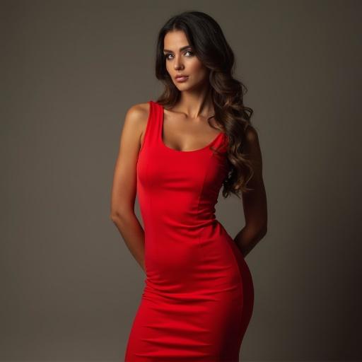 A woman wears a fitted red dress. The dress hugs her silhouette. She poses confidently. The background is neutral and softly lit.