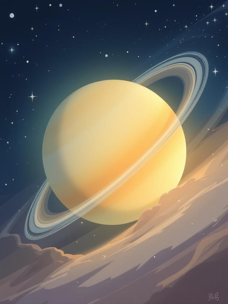 A grand adventure occurs in space with three baby astronauts exploring Saturn and its majestic rings. The scene captures the glowing planet with its iconic rings in a colorful, dreamy style. The environment is filled with stars and a sense of wonder.