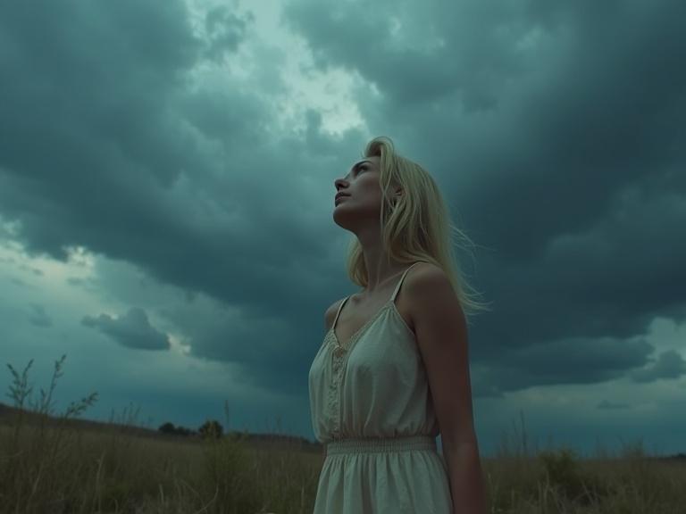 Realistic cinematic image. Blonde woman standing outdoors. Dramatic stormy sky above. Contemplative expression. Light dress. Hair gently moved by wind. Dark clouds swirling with occasional lightning. Moody intense atmosphere. 16:9 format.