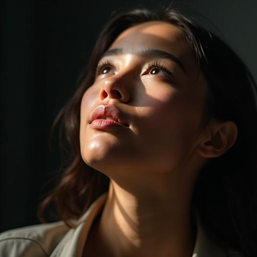 A woman gazes upwards with curiosity. Natural soft lighting highlights her features against a dark background. The image suggests a luxury lifestyle brand related to mobile technology.