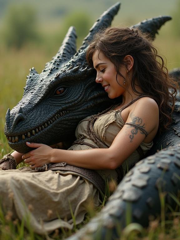 Elven warrior rests with her dragon friend in a meadow. They embrace each other after a hard fight. Torn clothing and dirty skin show their struggles. Warrior has a soft smile and closed eyes. Dragon is fearsome and protective.