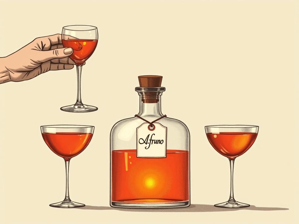 Minimalist screen printing artwork depicting an elegant scene. Three cocktail glasses held elegantly. Apothecary bottle filled with shimmering elixir. Tag labeled 'ALFRUNO'. Beige background creates a soft focus. Mood is mysterious and inviting. Clean lines and minimalist design emphasizing beauty.
